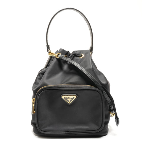 PRADA Duet 2-way nylon bucket bag with triangle logo, 1BH038, drawstring closure Shoulder Bag black WS26693