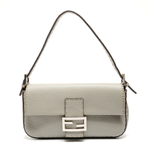 FENDI Selleria Mamma Bucket Leather Silver Metal Shoulder Bag gray WS26694