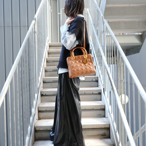 Christian Dior Lady Dior Lambskin 2way Medium Handbag Brown WS26712