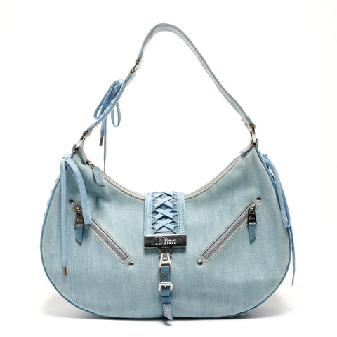 Christian Dior Denim lace-up half-moon street chic one belt Galliano period Shoulder Bag blue WS26727