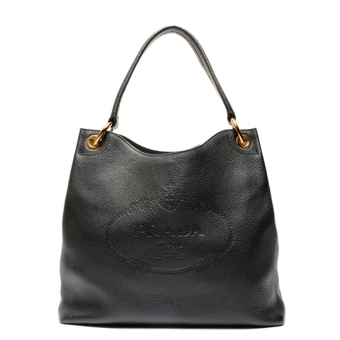 PRADA Logo embossed leather Shoulder Bag black WS26767