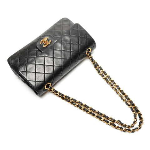 CHANEL Matelasse Lambskin Double Flap 9.1" 1989-1991 No.1 Shoulder Bag black WS26783