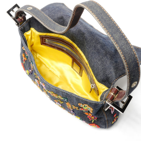 FENDI Denim Mamma Bucket with Beads and Flowers Shoulder Bag Navy WS26815