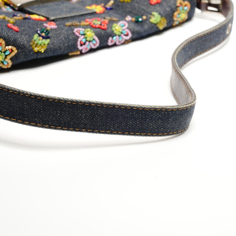 FENDI Denim Mamma Bucket with Beads and Flowers Shoulder Bag Navy WS26815