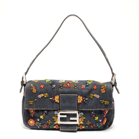 FENDI Denim Mamma Bucket with Beads and Flowers Shoulder Bag Navy WS26815