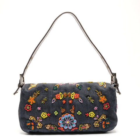 FENDI Denim Mamma Bucket with Beads and Flowers Shoulder Bag Navy WS26815