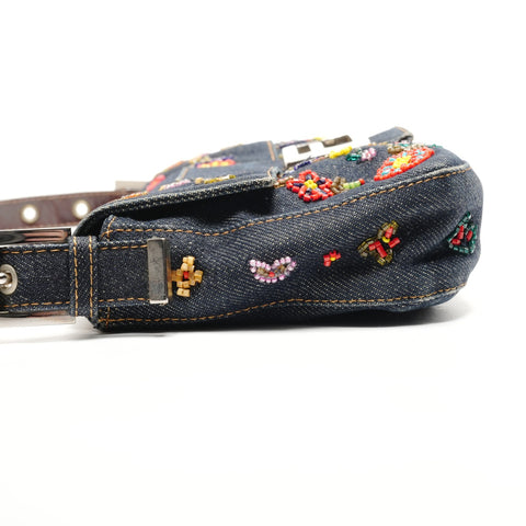 FENDI Denim Mamma Bucket with Beads and Flowers Shoulder Bag Navy WS26815