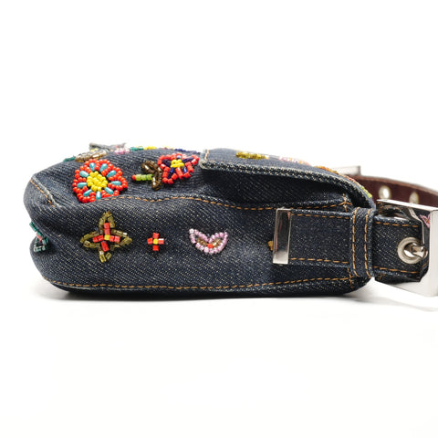 FENDI Denim Mamma Bucket with Beads and Flowers Shoulder Bag Navy WS26815