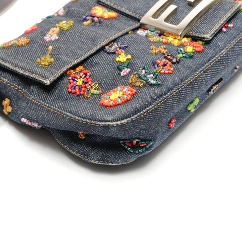 FENDI Denim Mamma Bucket with Beads and Flowers Shoulder Bag Navy WS26815