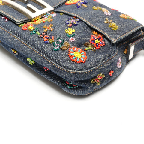 FENDI Denim Mamma Bucket with Beads and Flowers Shoulder Bag Navy WS26815