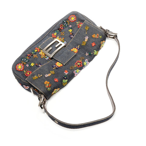 FENDI Denim Mamma Bucket with Beads and Flowers Shoulder Bag Navy WS26815