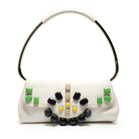 PRADA Beaded leather triangle logo Handbag white WS26829