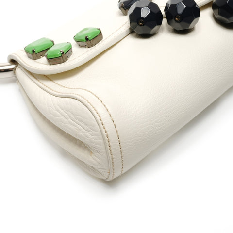 PRADA Beaded leather triangle logo Handbag white WS26829