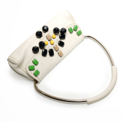 PRADA Beaded leather triangle logo Handbag white WS26829