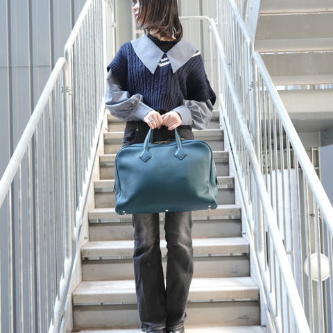 HERMES Victoria 2 T stamp 2015 12H Handbag blue WS26838