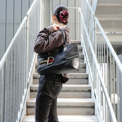 GUCCI Horsebit GG canvas Tote Bag black WS26866