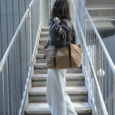 FENDI Zucchino Canvas Shoulder Bag Brown WS26900