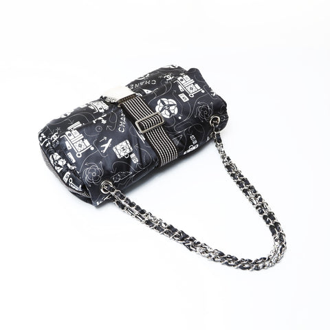 CHANEL No. 22 Travel Icon Print Satin Shoulder Bag black WS26921