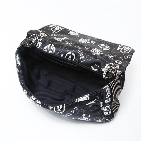 CHANEL No. 22 Travel Icon Print Satin Shoulder Bag black WS26921