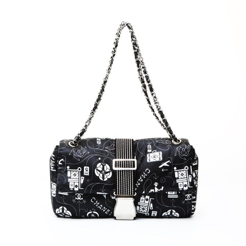 CHANEL No. 22 Travel Icon Print Satin Shoulder Bag black WS26921