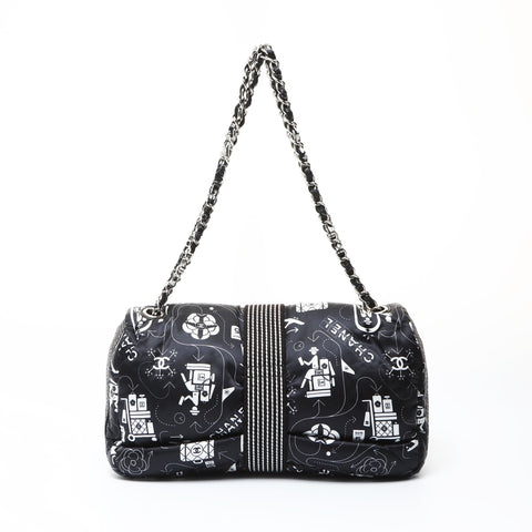 CHANEL No. 22 Travel Icon Print Satin Shoulder Bag black WS26921