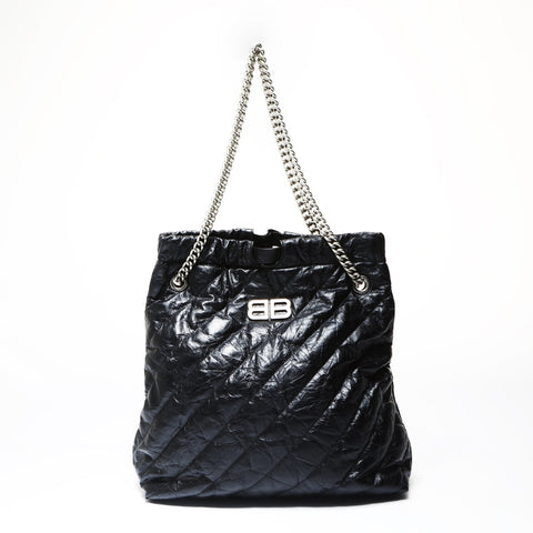 BALENCIAGA Crushed Leather Tote Bag with 2-Way Chain Shoulder Bag black WS26932