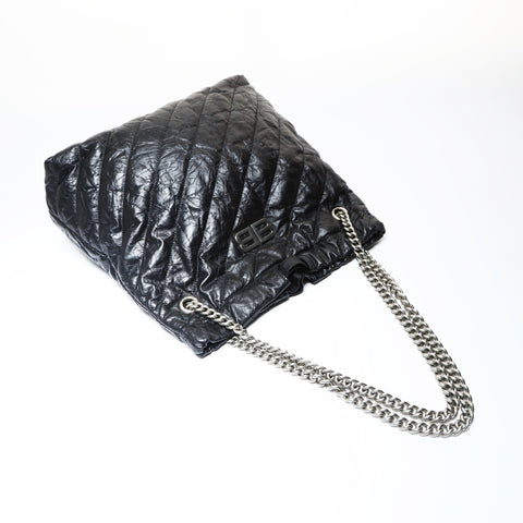 BALENCIAGA Crushed Leather Tote Bag with 2-Way Chain Shoulder Bag black WS26932