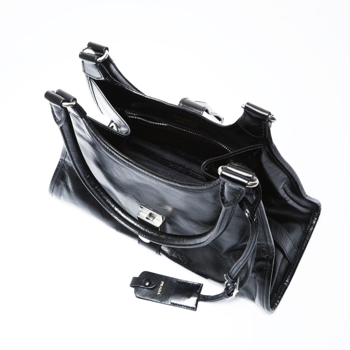 PRADA Runway Push Lock Medium Leather Tote Shoulder Bag black