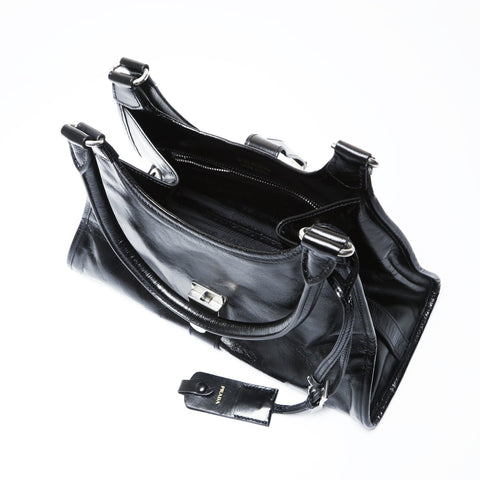 PRADA Runway Push Lock Medium Leather Tote Shoulder Bag black WS26950