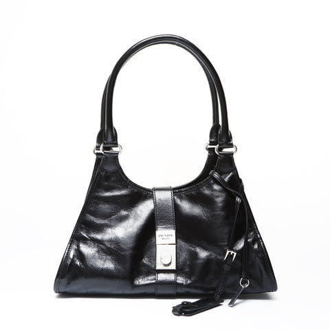 PRADA Runway Push Lock Medium Leather Tote Shoulder Bag black WS26950