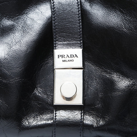 PRADA Runway Push Lock Medium Leather Tote Shoulder Bag black WS26950