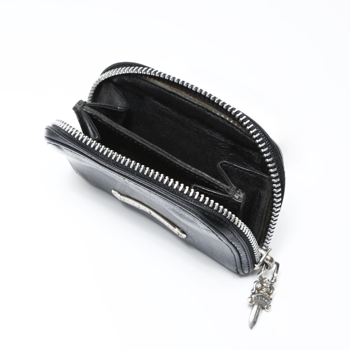 CHROME HEARTS Leather Scroll Logo Dagger Round Zip Coin Case Coin