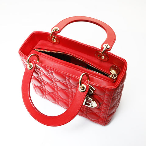 Christian Dior Lady Dior Cannage 2way Metal Gold Handbag Red WS26985