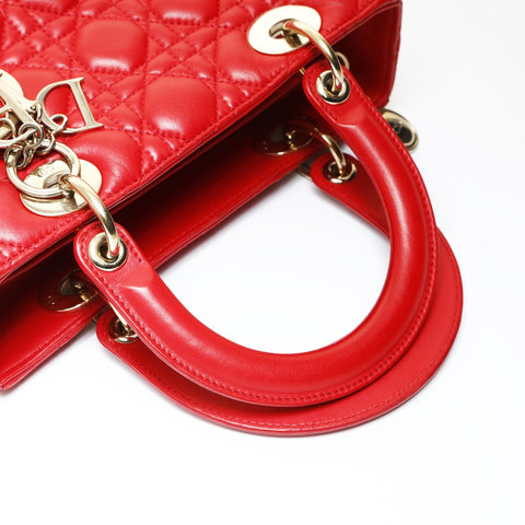 Christian Dior Lady Dior Cannage 2way Metal Gold Handbag Red WS26985