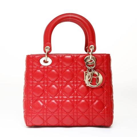 Christian Dior Lady Dior Cannage 2way Metal Gold Handbag Red WS26985
