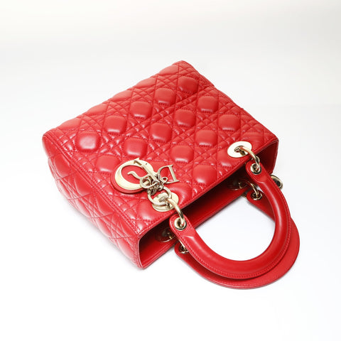 Christian Dior Lady Dior Cannage 2way Metal Gold Handbag Red WS26985