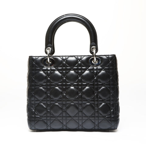 Christian Dior Lady Dior Medium 2-way Lambskin Silver Metal Handbag black WS27092