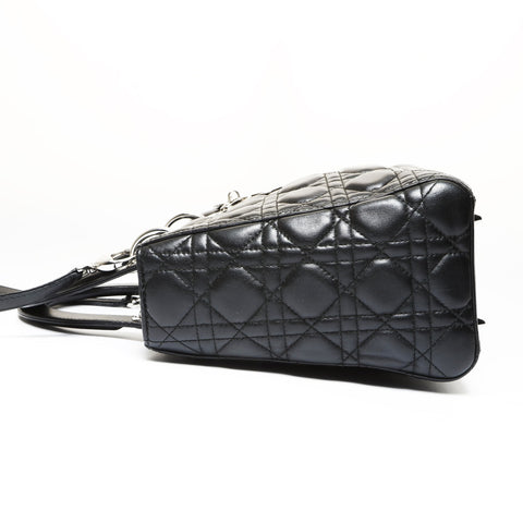 Christian Dior Lady Dior Medium 2-way Lambskin Silver Metal Handbag black WS27092