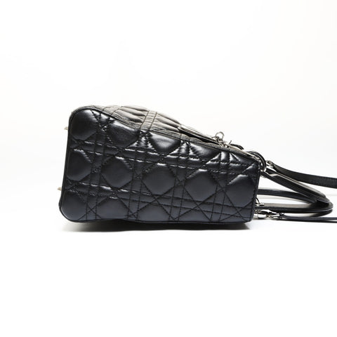 Christian Dior Lady Dior Medium 2-way Lambskin Silver Metal Handbag black WS27092