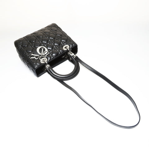 Christian Dior Lady Dior Medium 2-way Lambskin Silver Metal Handbag black WS27092