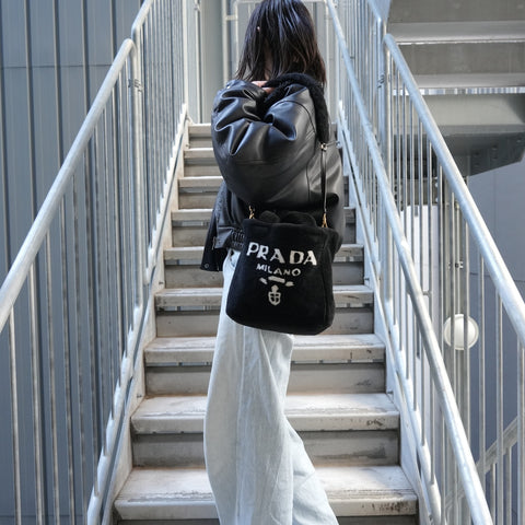 PRADA Shearling sheep fur logo 2way Handbag black WS27109