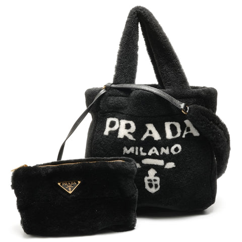 PRADA Shearling sheep fur logo 2way Handbag black WS27109