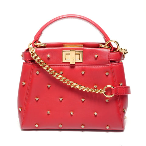 FENDI Peekaboo nappa leather rhinestone 2-way bag Handbag Red WS27110
