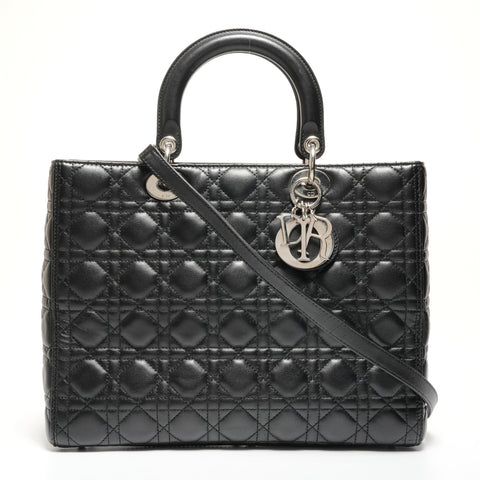 Christian Dior Lady Dior Cannage Stitch 2way Metal Silver Handbag black WS27118