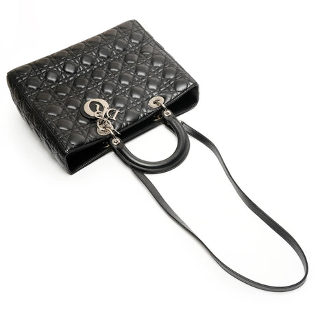 Christian Dior Lady Dior Cannage Stitch 2way Metal Silver Handbag black WS27118