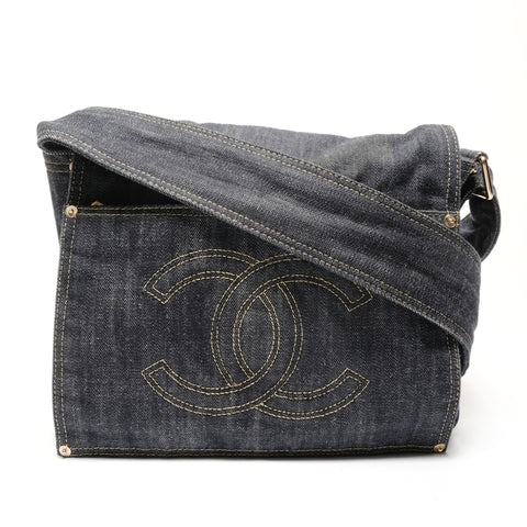 CHANEL 10 series 2005-2006 COCO Mark Sparkling Denim Shoulder Bag blue WS27125