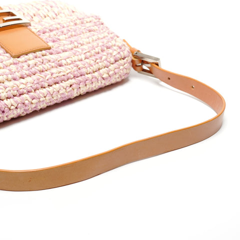 FENDI Mamma Baguette Straw Braid Shoulder Bag pink WS27205