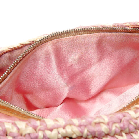 FENDI Mamma Baguette Straw Braid Shoulder Bag pink WS27205