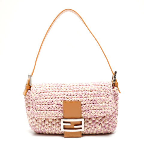 FENDI Mamma Baguette Straw Braid Shoulder Bag pink WS27205
