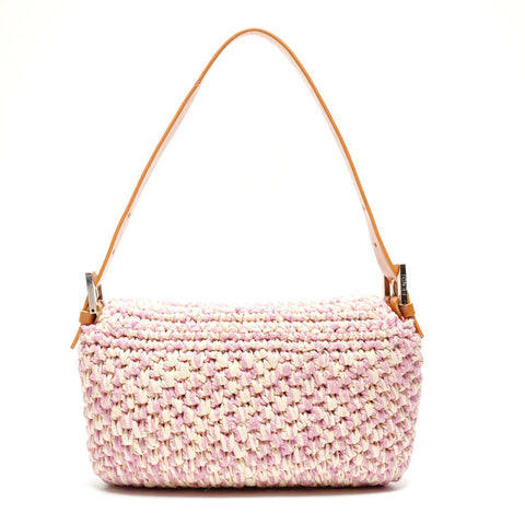 FENDI Mamma Baguette Straw Braid Shoulder Bag pink WS27205